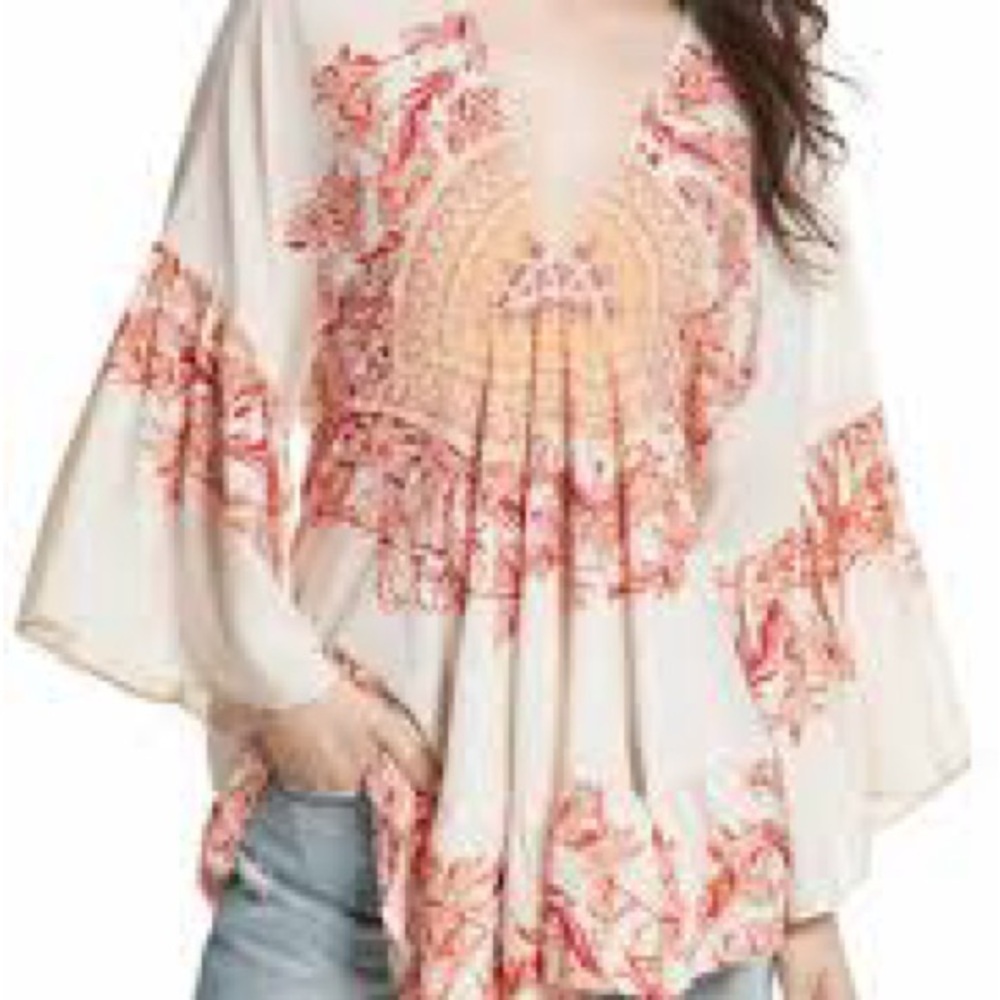Free People Cream and Orange Boho Blouse